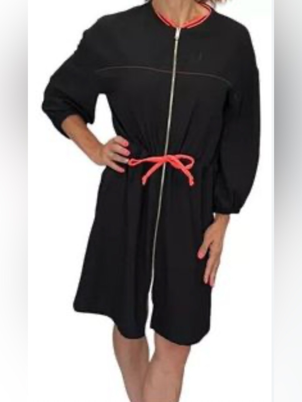 Zara - Black Full Zip Pink Fluorescent Drawstring Neckline Mini Dress Size Small